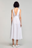 White V-Neck A Line Midi Wedding Guest Dress