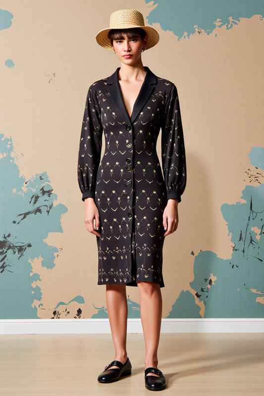 Black Notched Lapel Floral Midi Wedding Guest Dress