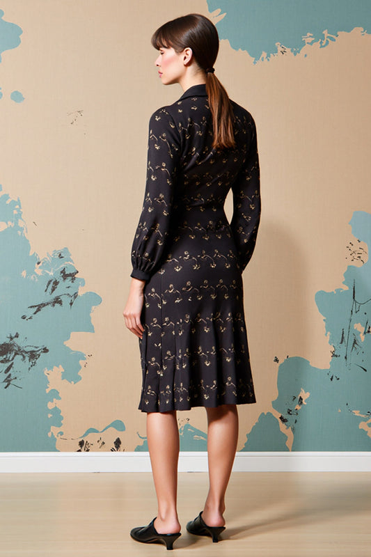 Black Notched Lapel Floral Midi Wedding Guest Dress