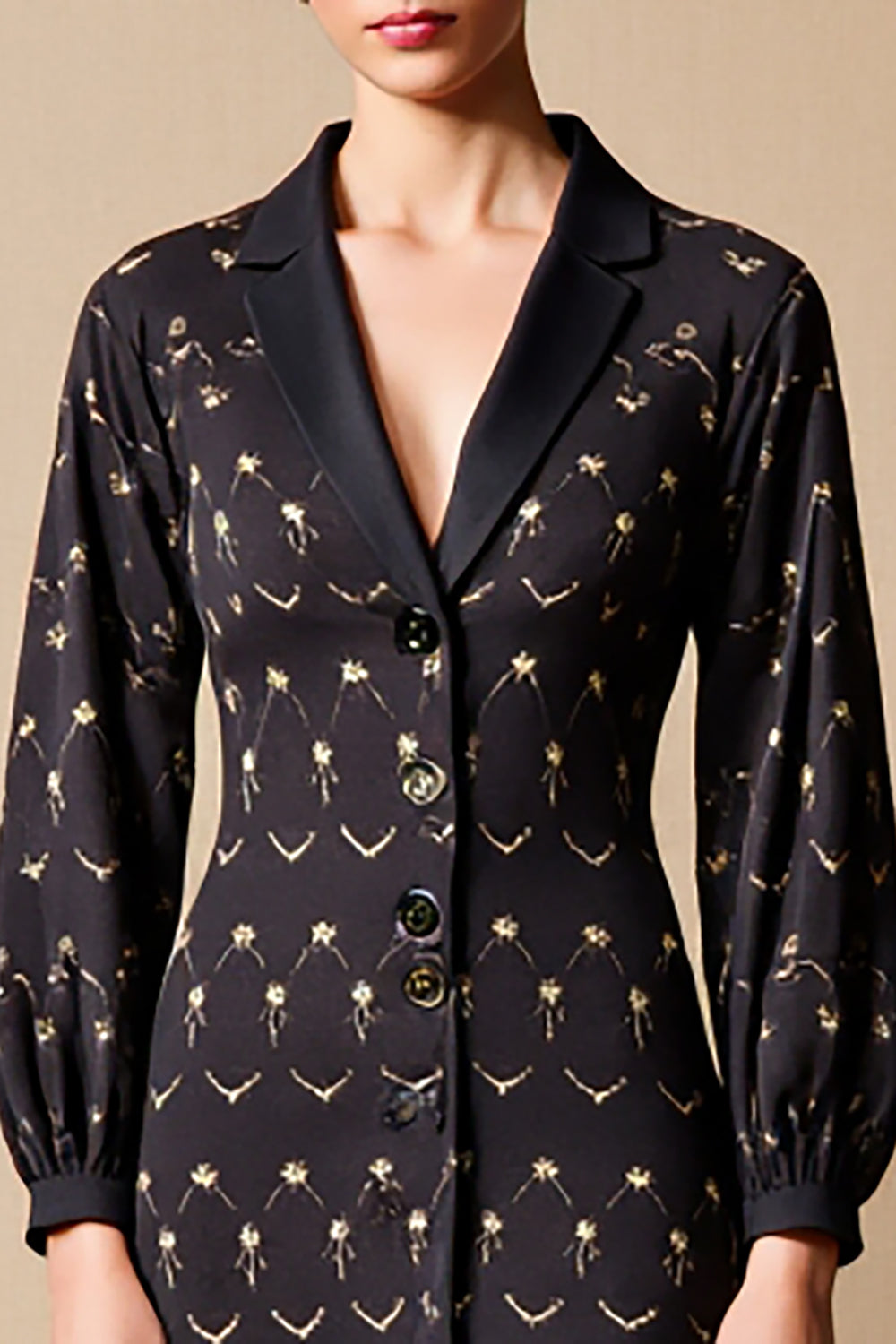 Black Notched Lapel Floral Midi Wedding Guest Dress