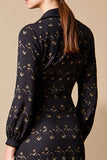 Black Notched Lapel Floral Midi Wedding Guest Dress