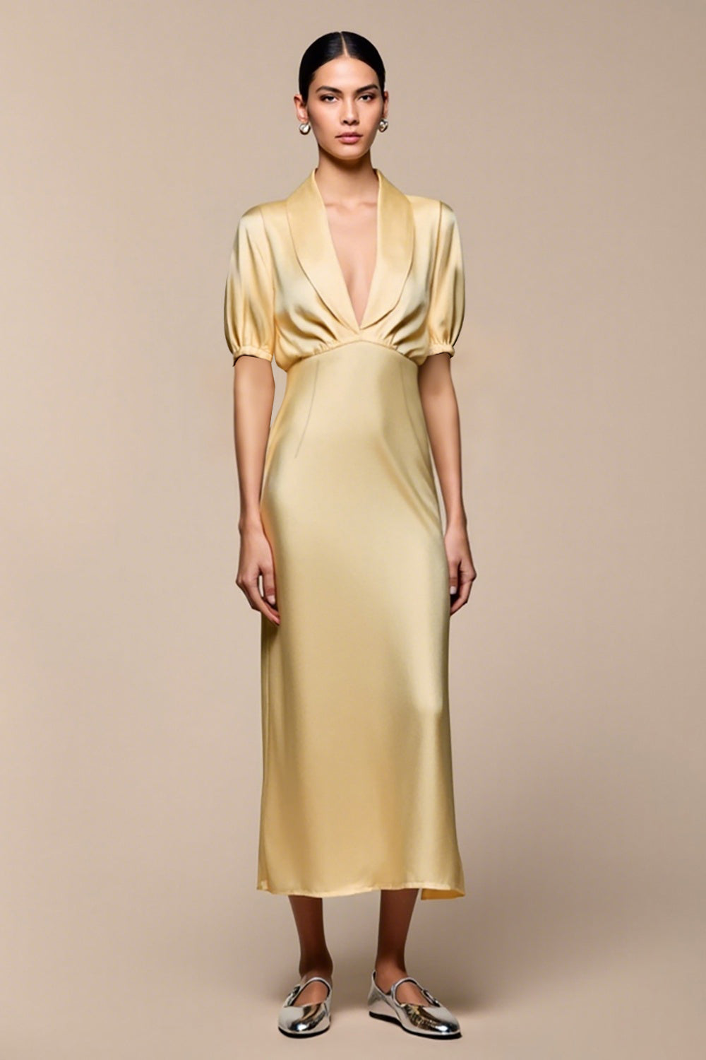 Yellow Shawl Lapel Sheath Wedding Guest Dress with Sleeves