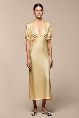 Yellow Shawl Lapel Sheath Wedding Guest Dress with Sleeves