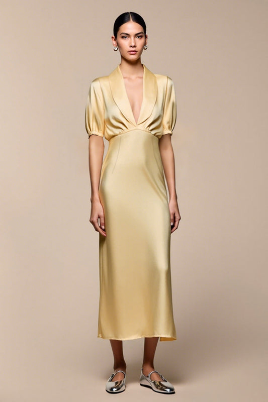 Yellow Shawl Lapel Sheath Wedding Guest Dress with Sleeves