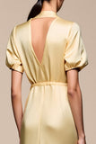 Yellow Shawl Lapel Sheath Wedding Guest Dress with Sleeves
