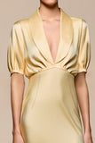 Yellow Shawl Lapel Sheath Wedding Guest Dress with Sleeves
