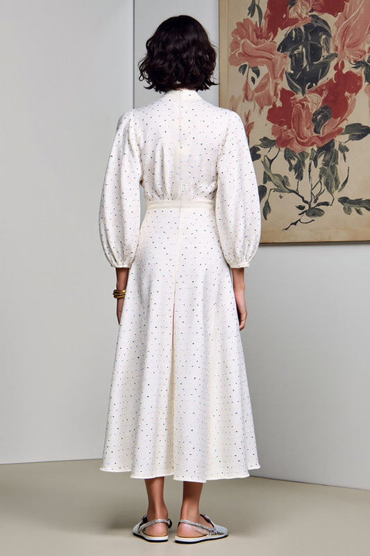 White A Line Polka Dot Long Wedding Guest Dress with Sleeves