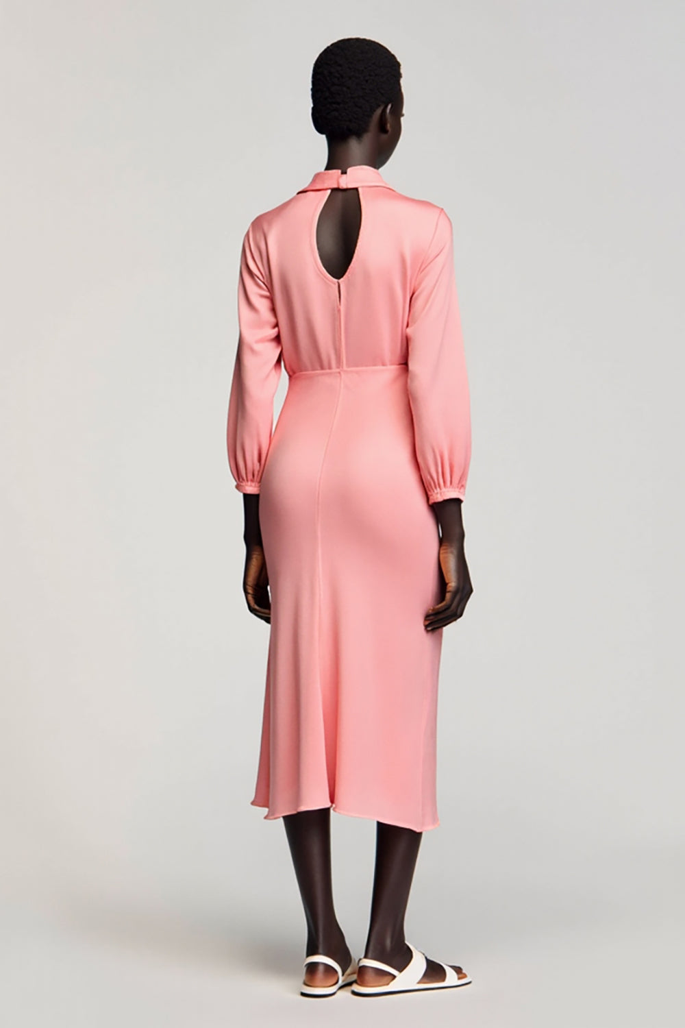 Pink Satin Ruched Long Sleeves Wedding Guest Dress with Bow