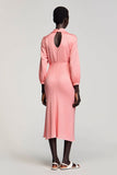Pink Satin Ruched Long Sleeves Wedding Guest Dress with Bow