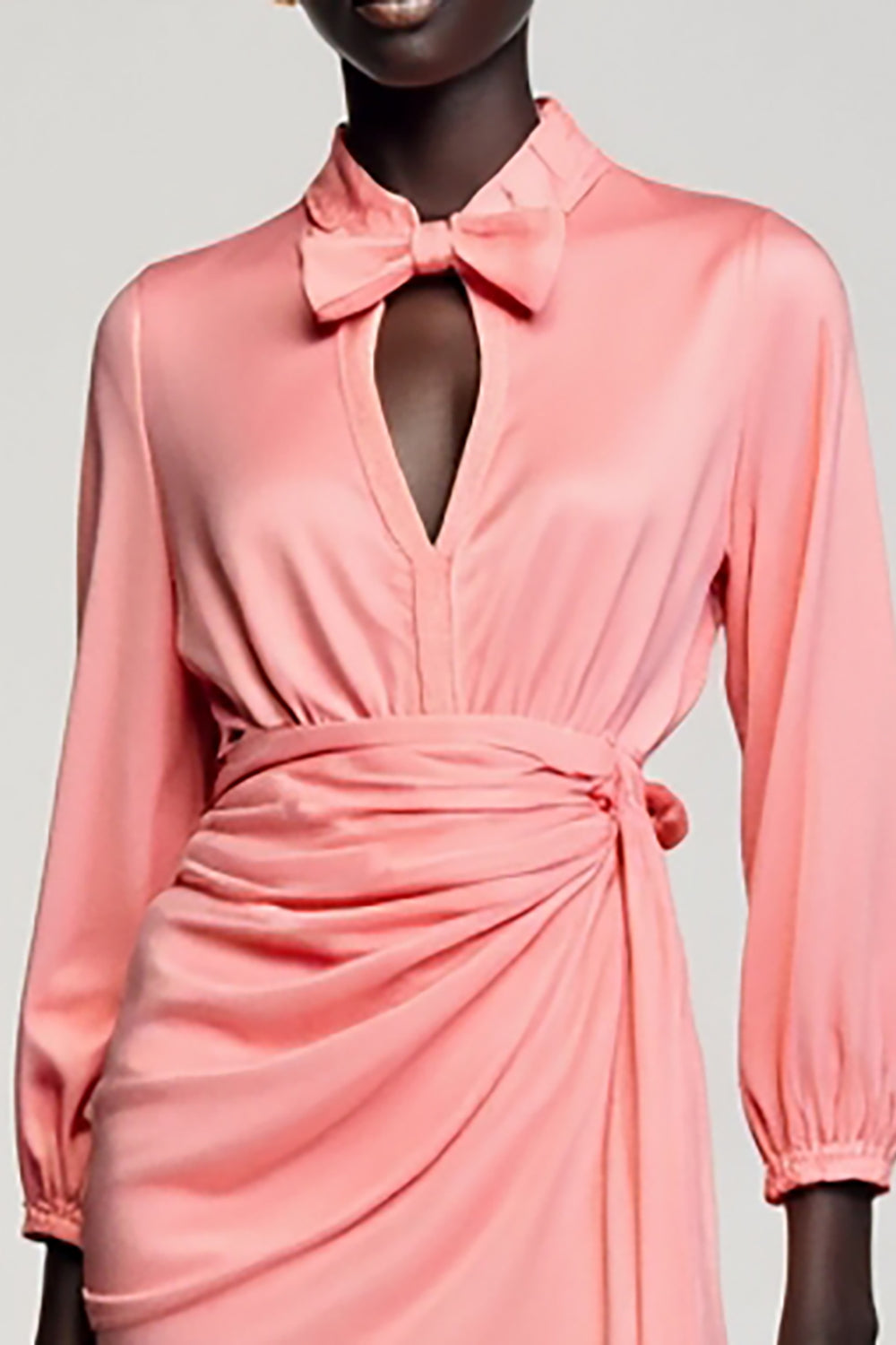 Pink Satin Ruched Long Sleeves Wedding Guest Dress with Bow