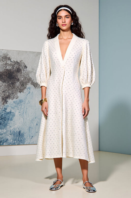 Ivory A Line V-Neck Long Wedding Guest Dress with Sleeves