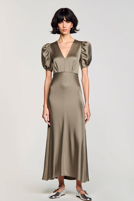Olive Satin Puff Sleeves Long Wedding Guest Dress