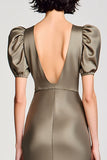 Olive Satin Puff Sleeves Long Wedding Guest Dress