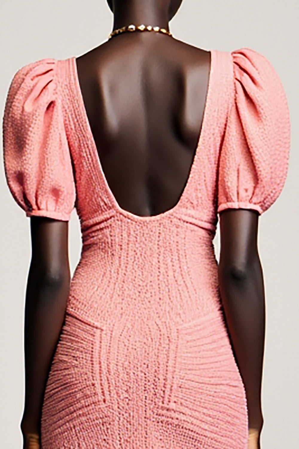 Pink Sheath Ruched Puff Sleeves Long Weddig Guest Dress