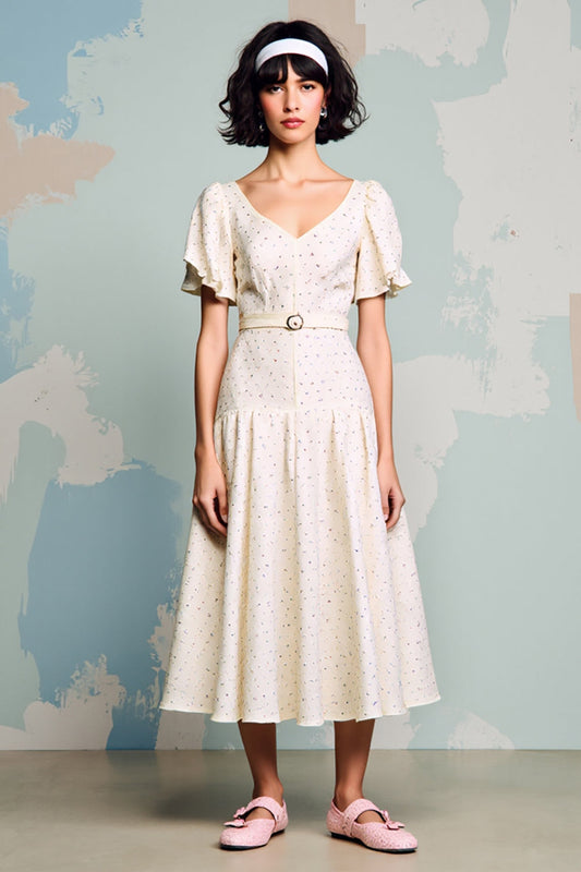 Ivory A Line V-Neck Ruffled Wedding Guest Dress