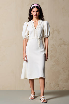 Ivory Sheath Puff Sleeves Midi Weddig Guest Dress