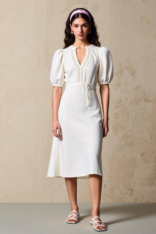 Ivory Sheath Puff Sleeves Midi Weddig Guest Dress