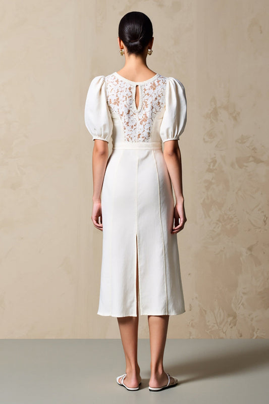 Ivory Sheath Puff Sleeves Midi Weddig Guest Dress