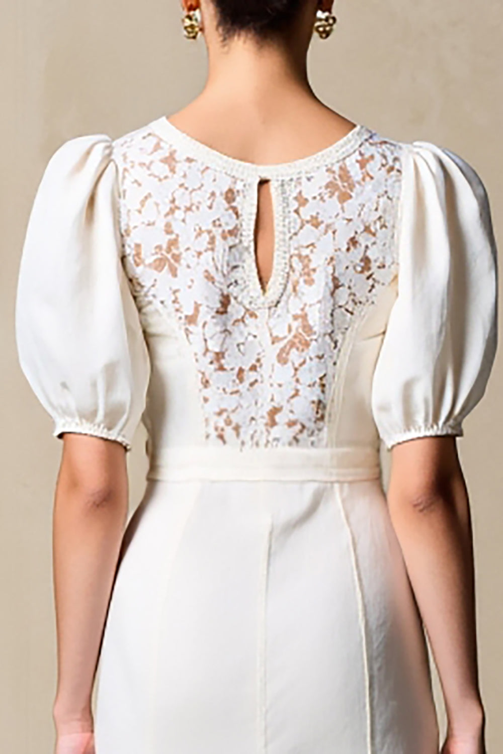 Ivory Sheath Puff Sleeves Midi Weddig Guest Dress