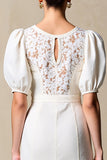 Ivory Sheath Puff Sleeves Midi Weddig Guest Dress