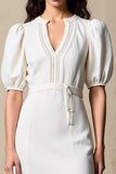Ivory Sheath Puff Sleeves Midi Weddig Guest Dress