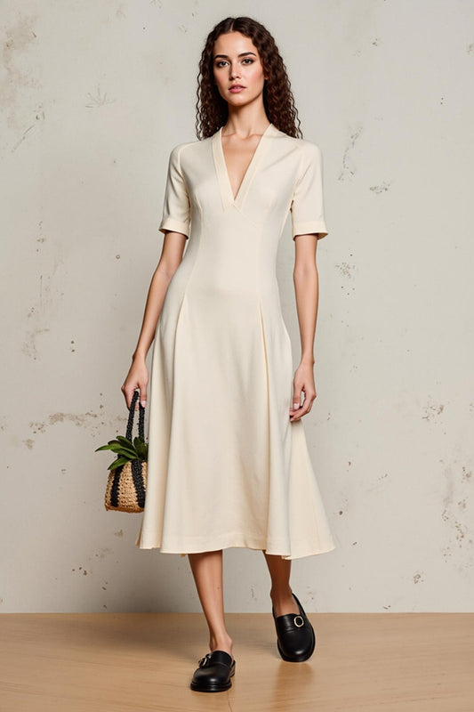 Ivory A Line V-Neck Midi Wedding Guest Dress with Sleeves