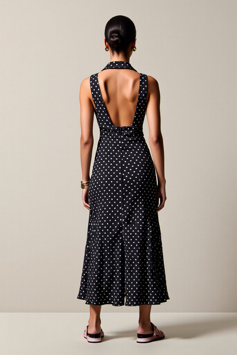 Black Polka Dot Long Chiffon Wedding Guest Dress