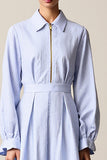 Blue A Line Striped Midi Wedding Guest Dress