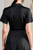 A Line V Neck Midi Black Wedding Guest Dress With Sash