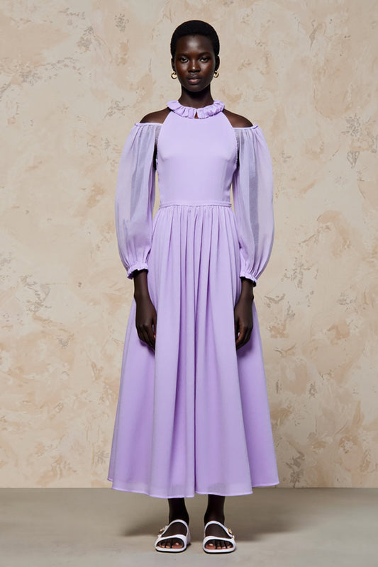 Cold Shoulder Purple A Line Long Wedding Guest Dress with Sleeves