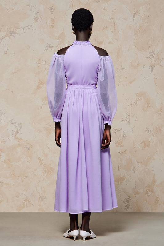 Cold Shoulder Purple A Line Long Wedding Guest Dress with Sleeves