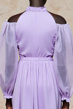 Cold Shoulder Purple A Line Long Wedding Guest Dress with Sleeves