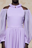 Cold Shoulder Purple A Line Long Wedding Guest Dress with Sleeves