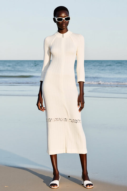 Sheath Ivory Keyhole Midi Wedding Guest Dress with Sleeves