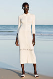 Sheath Ivory Keyhole Midi Wedding Guest Dress with Sleeves