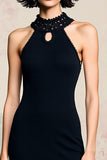 Black Halter Satin Backless Midi Wedding Guest Dress with Slit