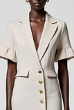 Grey Satin Shawl Lapel Sheath Midi Work Dress with Pockets