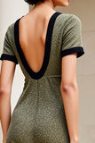 Olive Boat Neck Long Wedding Guest Dress with Short Sleeves