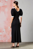 Black Round Neck Sheath Long Formal Dress with Short Sleeves