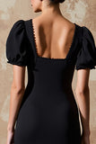 Black Square Neck Sheath Long Formal Dress with Puff Sleeves