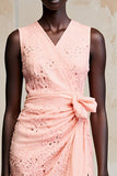 Pink Lace V-Neck Ruched Long Summer Dress with Slit