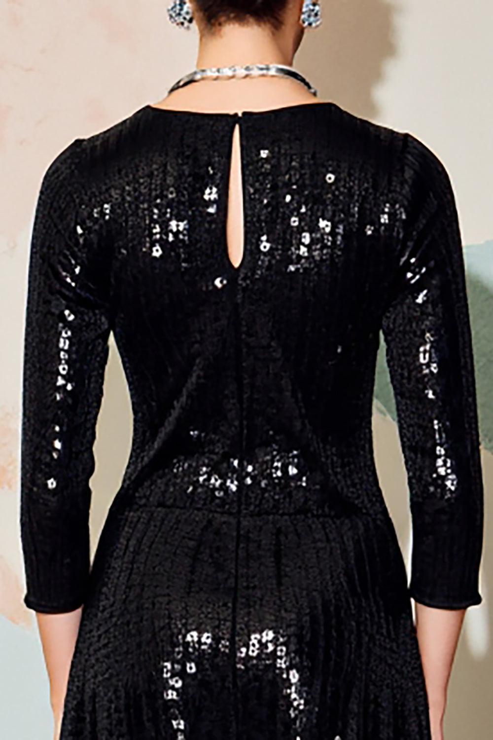 Sparkly Black Sequins Round Neck Midi Formal Dress Half Sleeves
