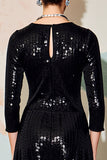 Sparkly Black Sequins Round Neck Midi Formal Dress Half Sleeves