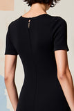 Simple Black Round Neck Midi Wedding Guest Dress with Short Sleeves