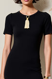 Simple Black Round Neck Midi Wedding Guest Dress with Short Sleeves