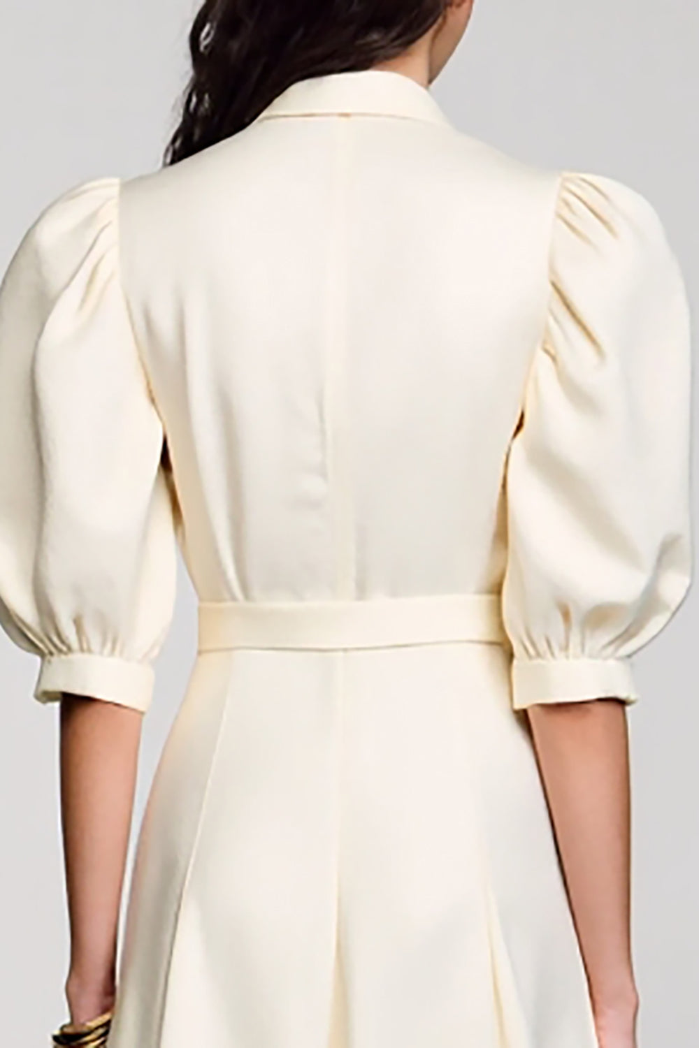 Ivory Shawl Lapel A Line Satin Midi Work Dress with Sleeves
