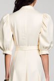 Ivory Shawl Lapel A Line Satin Midi Work Dress with Sleeves