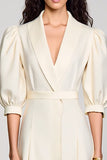 Ivory Shawl Lapel A Line Satin Midi Work Dress with Sleeves