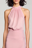 Pink Halter Backless Midi Wedding Guest Dress with Slit