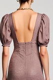Coffee A Line Square Neck Long Wedding Guest Dress with Puff Sleeves